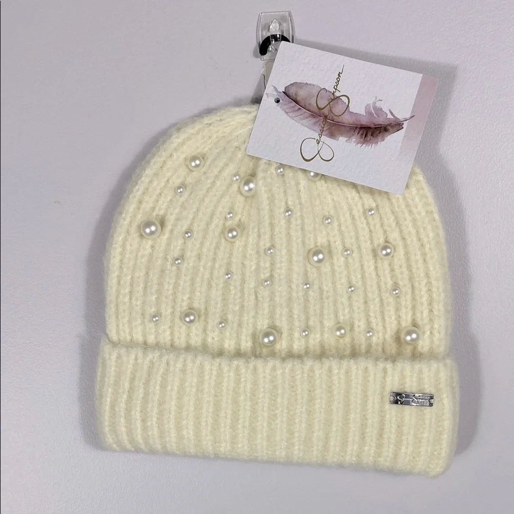 🌸 Jessica Simpson Cozy Knit Cuffed Cream Beanie with Pearls